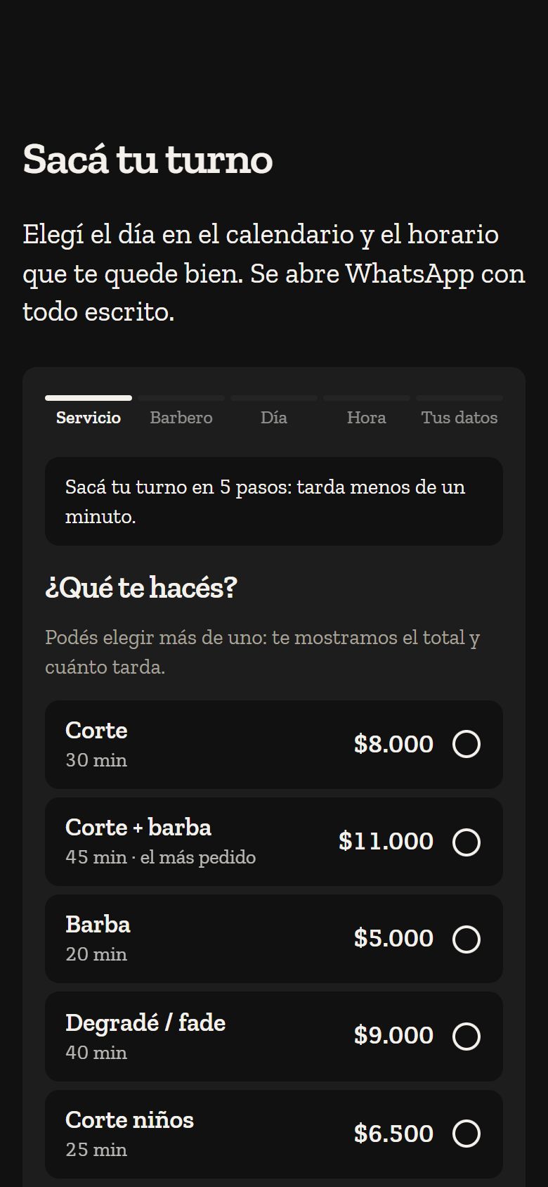 Primer paso de la reserva: la lista de servicios con precio y duración